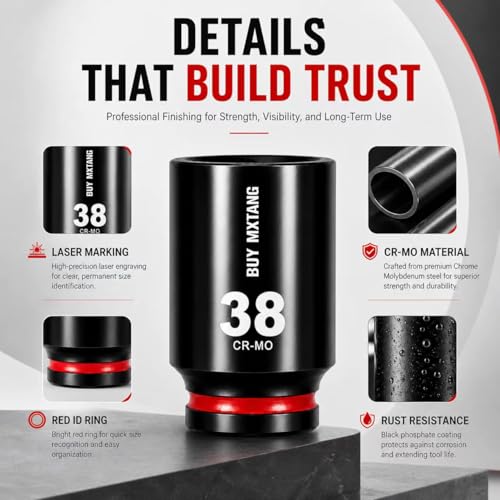 8PCS 1/2"Impact Socket Set Metric,29mm,30mm,32mm,34mm,35mm,36mm,38mm,39mm, Axle Nut Impact Socket Set L90, 12 Point CR-MO - size: 12 Point 8PCS 1/2" Socket Set Metric