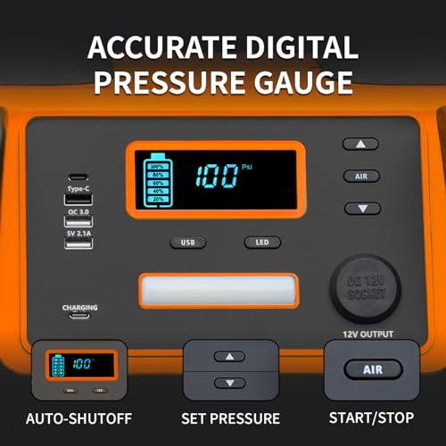 2400A Car Battery Jump Starter and Portable Power Station – Starts 8.0L Gas & 8.0L Diesel – 6-in-1 Jump Starter with Air Compressor 100 PSI Tire Inflator – 400 Watt Inverter AC/DC/USB Outlets - style: Orange