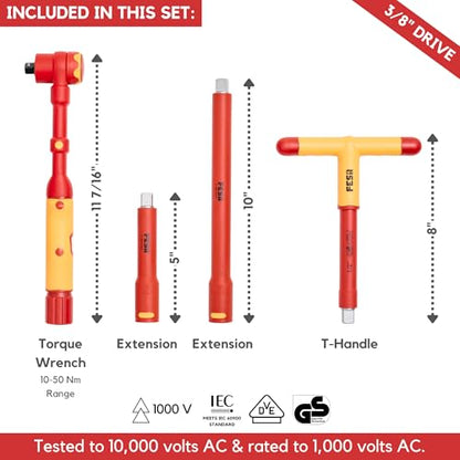 FESA 16-Piece Insulated Torque Wrench Set (3/8" Drive, 10-50 Nm Range) | with 8 Metric Sockets, 4 Hex Bit Sockets, 2 Extension Bars, T-Handle & Protective Case - style: 3/8" Drive, 10-50 Nm Wrench & Socket Set