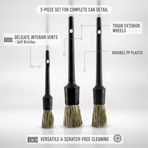 3-Piece Car Detailing Brush Set, Durable PP Plastic Tools for Interior Vents, Dashboards, and Exterior Wheels - color: Black