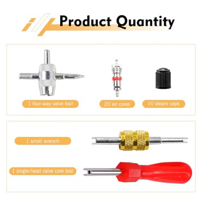 33PCS Tire Repair Tools, Spool Removal and Installation Kit, Zinc Alloy American Valve Stem Core Repair Kit, Replacement Tire Valve Stem Core Part, for Most Cars, Trucks