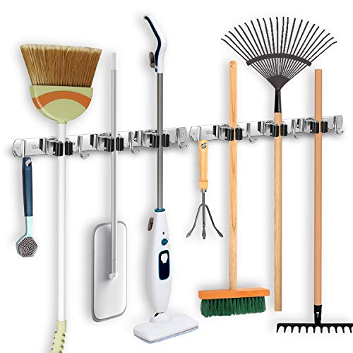 IMILLET 2 Pack Broom and Mop Holder Wall Mounted, Stainless Steel Broom Holder Mop Holder Self Adhesive Heavy Duty Hooks Storage Organizer for Home Laundry Room Garden Garage Closet Kitchen - color: 3 Racks with 4 Hooks, size: 2 Pack