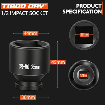 1/2" Drive 25mm Impact Socket Metric Standard Impact Socket Blackening Finish 4 Point Square Socket made with Chrome Molybdenum Alloy Steel for Auto Repair Mechanical Maintenance Removal of Axle Nut - size: 25mm - 4pt, style: 1/2" Drive Standard Socket