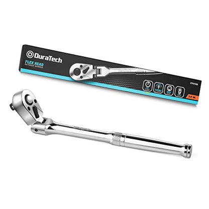 DURATECH 3/8" Drive Flex-Head Ratchet | 72-Tooth Ratchet Wrench, Quick-release, Reversible Switch, Full-Polished Chrome Plating, Alloy Steel - size: 3/8" Drive