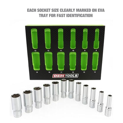 OEMTOOLS 23981 12 Piece Deep Socket Set 3/8, Deep Well Socket Set Metric 8mm-19mm, Heat-Treated Alloy Steel Sockets, Hard Chrome Finish, EVA Foam Tray - style: 3/8" Drive Metric