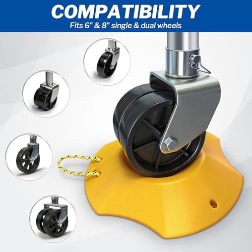 ROBLOCK Trailer Wheel Dock with Rope, Tongue Jack Wheel Chock Compatible with 6" & 8" Single/Dual Wheels, Trailer Wheel Stop Stabilizer for Camper Truck Boat Trailer, RV Parking Accessories, Yellow
