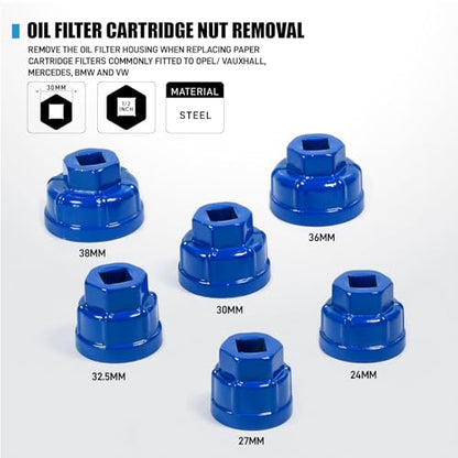 SMOTIVEPRO Professional Oil Filter Wrench Set 32-Piece, with Oil Filter Cap Removal Tool (63.5-100mm), Socket (24-38mm), Adjustable Wrench, Drain Plug Removal Tools and T-Handle (1/2" & 3/8" Drive)