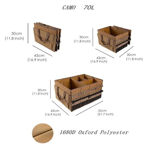 Large 70L SUV Trunk Organizer, Trunk Organizer With Lid, Foldable Cargo Storage Box, Brown, 4-Compartments With Handle,Universal for Car Sedan Truck Camping Grocery Shopping Travel