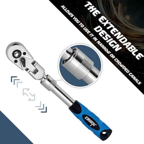 DISEN 3-Piece Extendable Flex-Head Ratchet Wrench Set with EVA Storage Case - 1/4", 3/8", 1/2" Drive, 72-Tooth, Rubber Grip, Adjustable Length - Professional Automotive and DIY Tools - size: 1/4''+3/8''+1/2'' Set, style: 72T Extendable&Flex-Head Ratchet