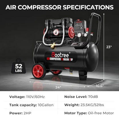 10 Gallon Ultra Quiet Air Compressor with Two Quick Couplers, 2HP MAX 115PSI Oil-Free Air Compressor Steel Tanks, 70dB Air Compressor with Wheels for Spray Painting, Auto Repair, Woodwork Nailing - size: 10G