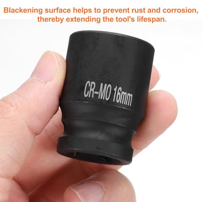 HARFINGTON 4 Point Square Socket 1/2" Drive 16mm Metric Square Impact Socket CR-MO Blackening Standard Wheel Sockets Pneumatic Socket Tool for Auto Repair Mechanical Maintenance Home Use - size: 16mm