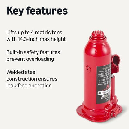 Amazon Basics Hydraulic Welded Bottle and Car Jack, 4.4 Short Ton/4 Metric Ton/4 Tonne/4000 kg Capacity, 7.4–14.3 Inch (18.8–36.3 cm) Lifting Range, Slow Release, Suitable for Cars, Red - size: 4.4 Short Ton/ 4 Metric Ton/ 4 Tonne / 4000 kg