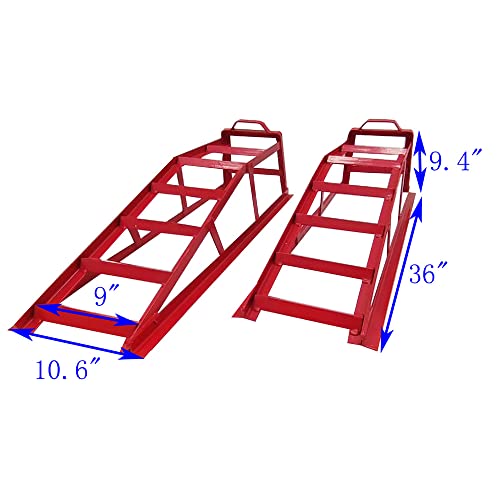 Low Profile Car Ramps,3-Ton Heavy-Duty Steel Service Ramps with Tire Stops for Safe Lifts,Ideal for Oil Changes & Maintenance on Low Clearance Vehicles,3FT,Red (2-Pack)