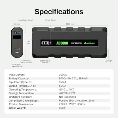 Battery Jump Starter 3000A, 12V Jumper Box for Car Battery Portable, Car Jumper for Up to 6.0L Gasoline and 4.0L Diesel Engines, AB3000 Portable Jump Starter