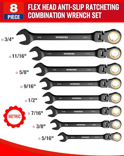 WORKPRO Ratcheting Combination Wrench Set, 8-piece Flex-Head Anti-Slip Set SAE 5/16-3/4 inch, 72-Teeth, Cr-V Constructed, Black Electrophoretic Coating with Rolling Pouch - size: SAE, style: Anti-Slip Tooth
