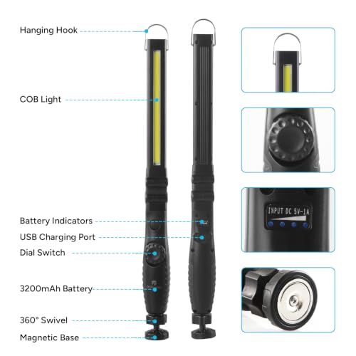 Dr. Prepare LED Work Light, 700 Lumens Foldable Rechargeable Work Light, 3200mAh Cordless Portable Magnetic COB LED Inspection Light for Car Repair, Home, Garage, Emergency