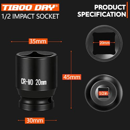 1/2" Drive 20mm Impact Socket Metric Standard Impact Socket Blackening Finish 4 Point Square Socket made with Chrome Molybdenum Alloy Steel for Auto Repair Mechanical Maintenance Removal of Axle Nut - size: 20mm - 4pt, style: 1/2" Drive Standard Socket