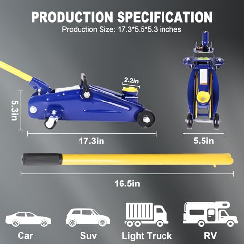 Low Profile Floor Jack 2 Ton, Heavy Duty Steel Single Pump Hydraulic Car Jack with Quick Lift, Lifting Range 5.1"-13", 4000LBS Capacity for Cars Tire Change