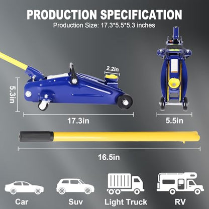 Low Profile Floor Jack 2 Ton, Heavy Duty Steel Single Pump Hydraulic Car Jack with Quick Lift, Lifting Range 5.1"-13", 4000LBS Capacity for Cars Tire Change