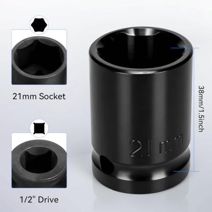 2PCS 21mm Impact Socket 1/2" Drive, 6 Point Metric Shallow Socket, CR-V Steel Heavy Duty Impact Wrench Socket for Automotive Repair - size: 21mm