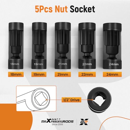 maXpeedingrods 5 PCS Strut Nut Socket Set 18mm 19mm 21mm 22mm 24mm | 12 Point 1/2" Drive Suspension Strut Nut Socket Tool for Hex Wrench - style: 5 Pcs