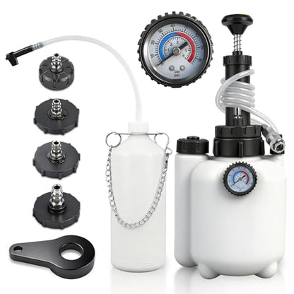 3L Manual Brake Bleeder Kit with Pressure Gauge for Most Vehicles | 1L Waste Bottle with Hook,4 Master Cylinder Adapters,Safety Relief Valve,for Cars,SUVs & Clutch Systems,One-Person Operation
