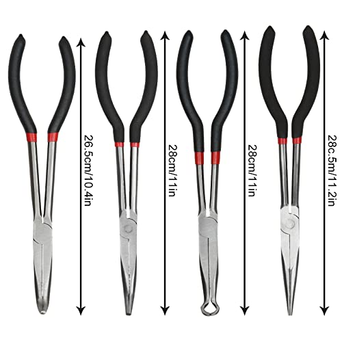 4 Pack Needle Nose Pliers Set, 11 inch Long Reach Plier, Straight Needle Noses Plier, 45 & 90 Degree Angle Curved Needle Nose Pliers,Spark Plug Removal Tool