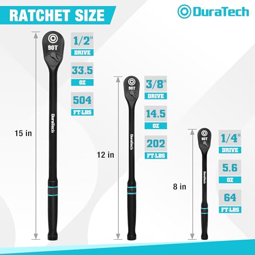 DURATECH 3-Piece Extra Long Drive Ratchet Handle, 1/4", 3/8", 1/2" 90-Tooth Ratchet Wrench with Dust Proof Teardrop Enclosed CR-MO Head, Reversible, CR-V Made, 4° Swing, Black Mn Phosphate Finish - size: 3-Piece(1/4", 3/8", 1/2")
