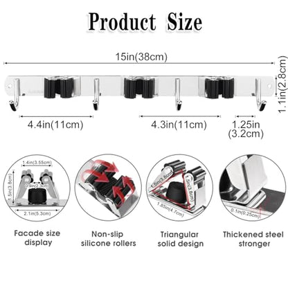 2 Pack 3 Racks and 4 Hooks Broom and Mop Holder Wall Mounted Garage Organizer Storage Tool Racks Stainless Steel Heavy Duty Hooks Self Adhesive Solid Non-slip Wall Hangers for Home Kitchen Garden | Mop Holder Wall Mount and Broom Hanger for Garage, Laundr