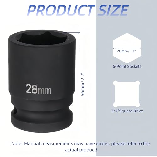 3/4"Drive x 28mm Metric, 6-Point Deep Impact Socket, Axle Nut Impact Socket | 40CR Alloy Steel,Clear labeling, Common Tools for Car Repair/Mechanical Work/Construction/Carpentry and Home Maintenance - size: 28mm