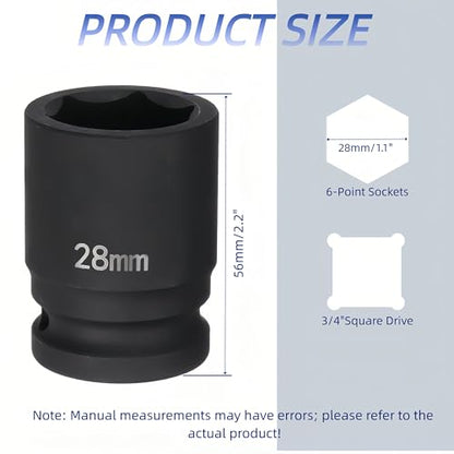 3/4"Drive x 28mm Metric, 6-Point Deep Impact Socket, Axle Nut Impact Socket | 40CR Alloy Steel,Clear labeling, Common Tools for Car Repair/Mechanical Work/Construction/Carpentry and Home Maintenance - size: 28mm