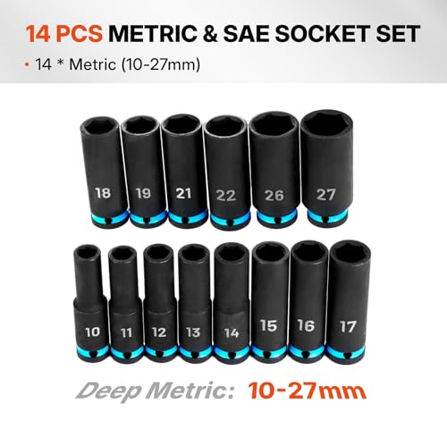 BLACK CANYON 14-Piece 1/2" Drive Deep Impact Socket Set, Metric 6-Point Sockets, Cr-Mo Impact Grade Steel, Heavy-Duty Storage Case for Automotive, Truck & Equipment Repair - size: 14 Piece