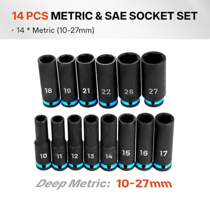 BLACK CANYON 14-Piece 1/2" Drive Deep Impact Socket Set, Metric 6-Point Sockets, Cr-Mo Impact Grade Steel, Heavy-Duty Storage Case for Automotive, Truck & Equipment Repair - size: 14 Piece