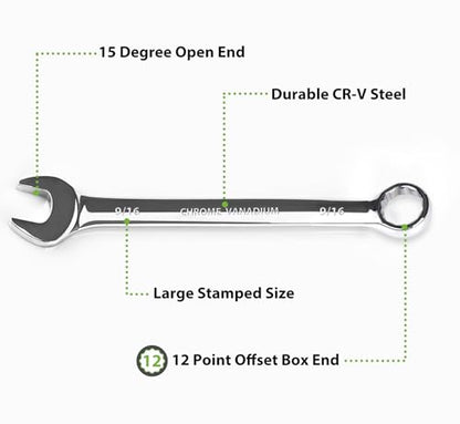 9/16 Wrench, Industrial Grade Spanner, Combination Wrenches SAE with 12-Point Box End, 15-Degree Offset, 9/16 Wrenches Chrome Vanadium Steel Mirror Polished - size: 9/16''