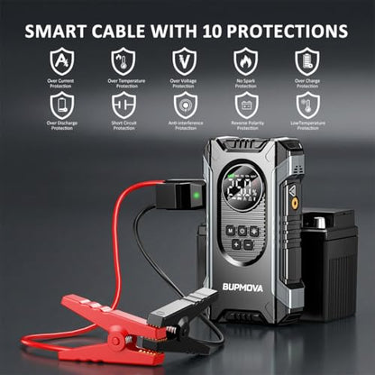 8000A Jump Starter with Air Compressor, 150PSI | For All Gas & 10L Diesel Vehicles. Tire Inflator, Power Bank, LED Light. Portable w/ Storage Case