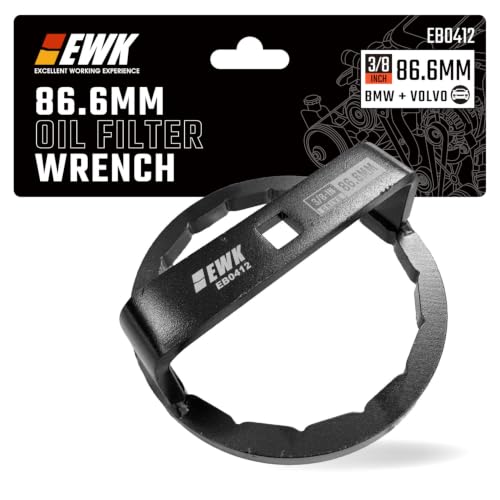 EWK 86.6mm 16 Flute Oil Filter Wrench for BMW and Volvo, Forged 6061 Aluminum Oil Filter Cap Socket Tool, Fits Cartridge Style Housings, Use with 3/8 Inch Ratchet or 27mm Socket