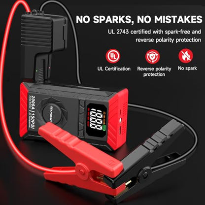 10-in-1 UltraSafe Jump Starter with Air Compressor,12V Lithium Battery Booster Pack with LED Flashlight,Portable Car Jump Box,Power Bank & Jumper Cables for 6.0L Gas/3.0L Diesel Engines