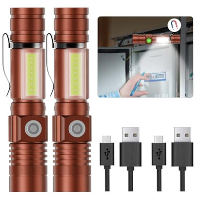 Hoxida Flashlight USB Rechargeable, Magnetic LED Flashlight, Super Bright LED Tactical Flashlight with Cob Sidelight, Waterproof, Zoomable Best Small LED Flashlight for Camping, Emergency - Brwon - color: Brown