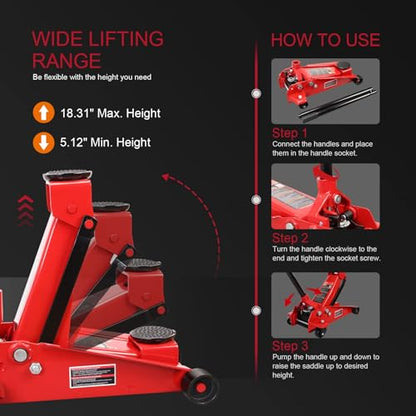 Big RED 3-Ton Heavy Duty Hydraulic Floor Jack, Dual Pump Quick Lift with Low Profile Design, 6600LBS Capacity for All Terrain Vehicles,Red