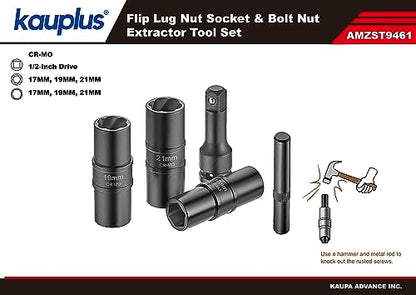 5PCS 1/2-Inch Damaged Bolt Extractor Flip Socket Set, Rounded-off Lug Nut Socket Removal, Metric, 17MM, 19MM, 21MM, W/3-Inch Extension, and a drift punch nut removal bar