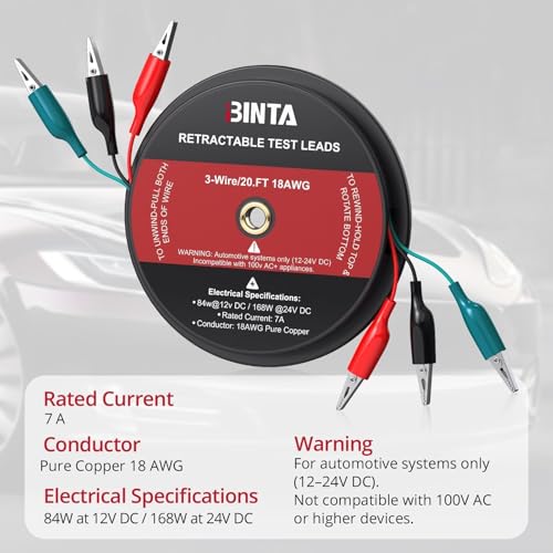 BINTA 3 Wire 20 Ft Retractable Test Leads, Red/Black/Blue Alligator Clip Test Leads, 18 AWG Gauge Wire for Electrical Testing, Cars, Trailers