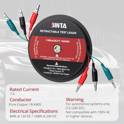 BINTA 3 Wire 20 Ft Retractable Test Leads, Red/Black/Blue Alligator Clip Test Leads, 18 AWG Gauge Wire for Electrical Testing, Cars, Trailers