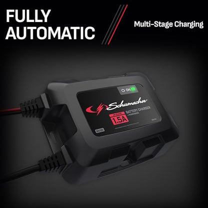 Schumacher Electric 1.5A Onboard Car Battery Charger and Maintainer, 3-in-1 Solution, for 6V/12V Power Sport, Automotive, and Marine Batteries, SC1587