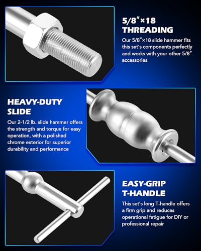 Orion Motor Tech Rear Axle Bearing Puller Tool Kit and Slide Hammer Set, Axle Seal and Bearing Remover Set with Slide Hammer Yoke and 3 Rear Axle Puller Adapters, 1-1/4" to 2-7/8" IDs | Axle Seal and Bearing Remover Set with Slide Hammer Yoke and 3 Rear A