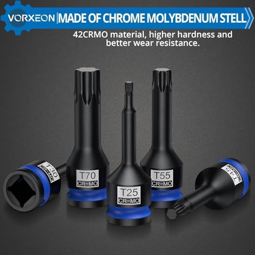 10 PCS 1/2" Drive Impact Star Bit Socket Set 42CRMO With Storage Case, Impact Torx Socket T25 T27 T30 T40 T45 T50 T55 T60 T70 T80 - size: Star Torx