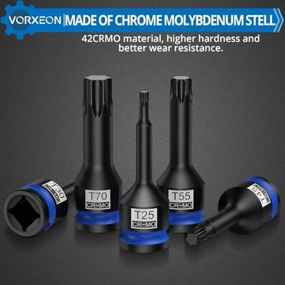 10 PCS 1/2" Drive Impact Star Bit Socket Set 42CRMO With Storage Case, Impact Torx Socket T25 T27 T30 T40 T45 T50 T55 T60 T70 T80 - size: Star Torx