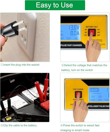 6/8/12/14/16/24V Battery Charger Automotive 0-10A, Smart Car Golf Cart Battery Charger, Maintainer and Automatic Charger with Cable Clamps, Suitable for Lead-Acid Batteries (Yellow with Handle)