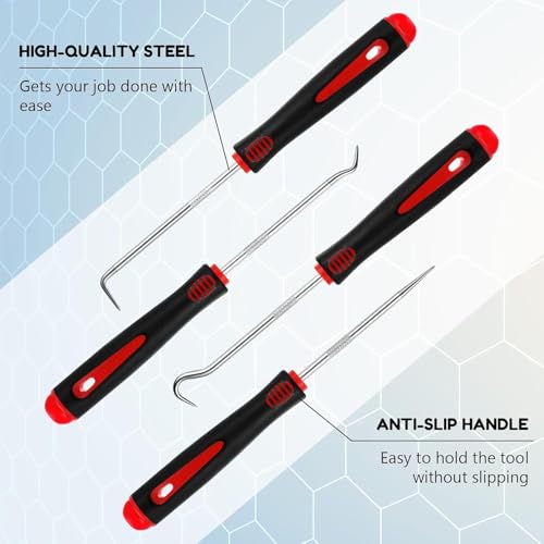 4 PCS Precision Pick and Hook Set, Heavy Duty Pick Set Mechanic Tools with Non-Slip Handle, for Automotive, O-Ring, Seal, Gasket Removal– Blue/Yellow/Red (Red) - color: Red