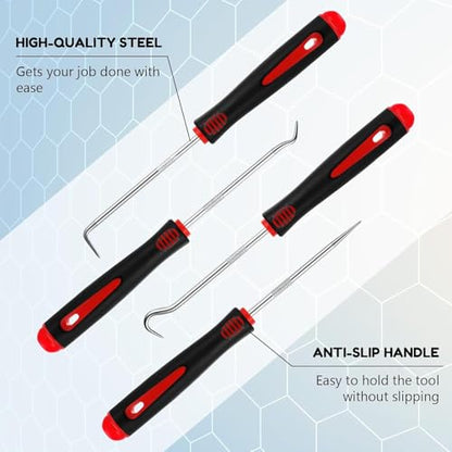 4 PCS Precision Pick and Hook Set, Heavy Duty Pick Set Mechanic Tools with Non-Slip Handle, for Automotive, O-Ring, Seal, Gasket Removal– Blue/Yellow/Red (Red) - color: Red