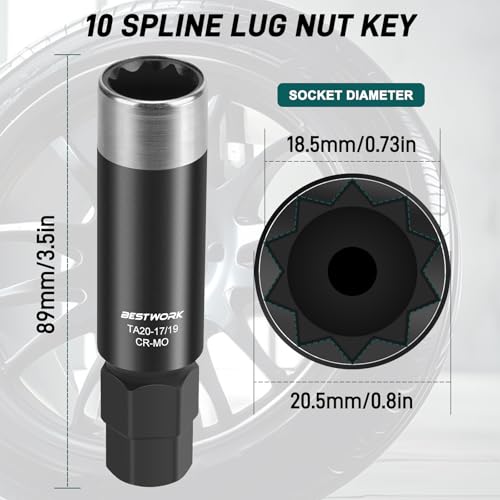 10 Spline Lug Nut Key, for TA20-17/19 10 Point Lug Nut Socket | Compatible with Bimecc 10 Spline Lug Nut Socket, Double Layer Reinforcement, Dual Hex Drive, CR-MO Steel - size: TA20-17/19